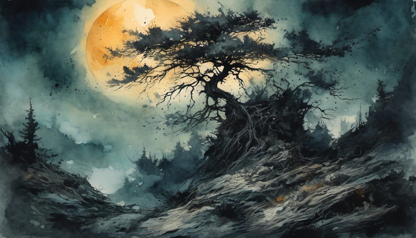 Lonely Pine Under Moonlight in Watercolor Art