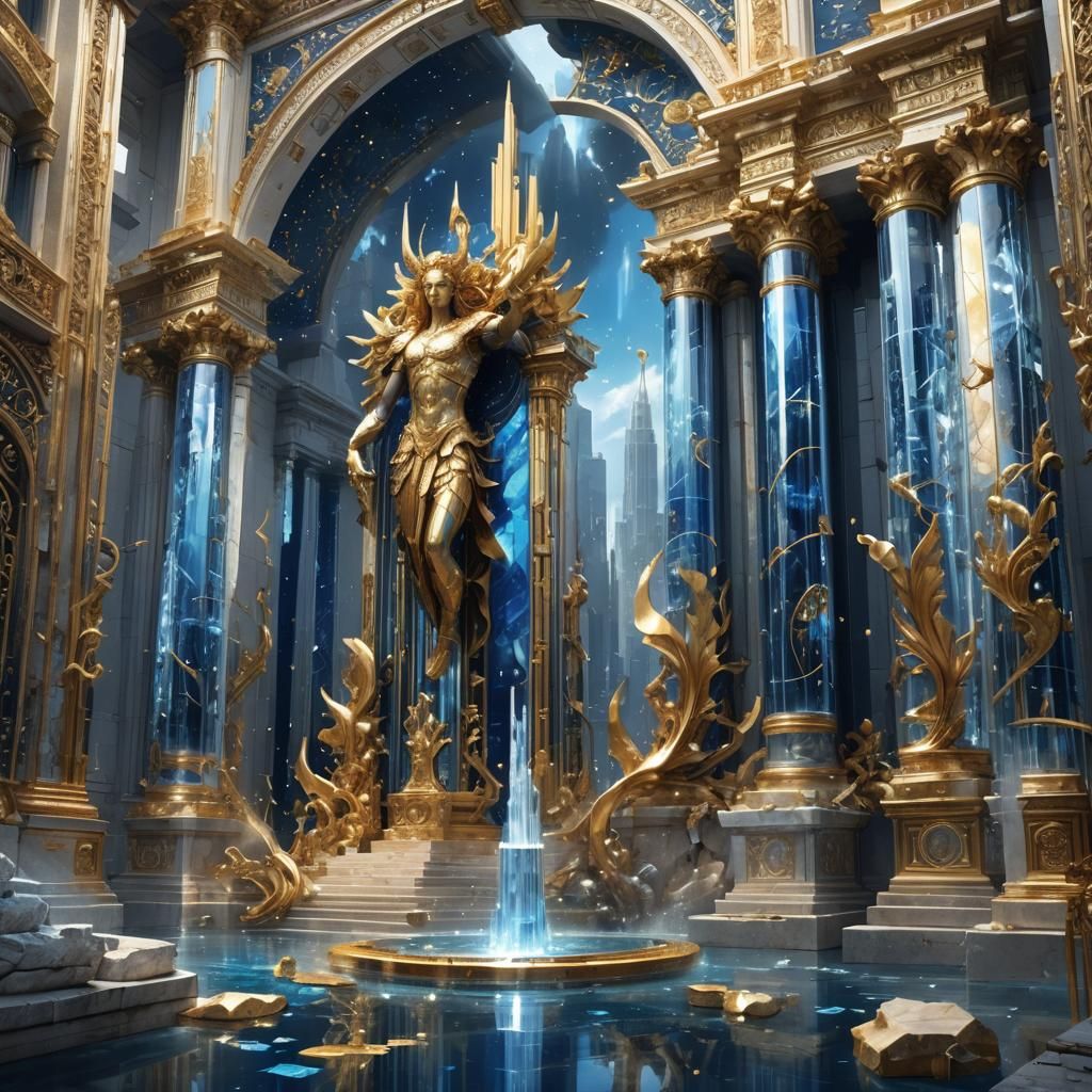 Golden Grimoire in a Crystal City, Digital Art