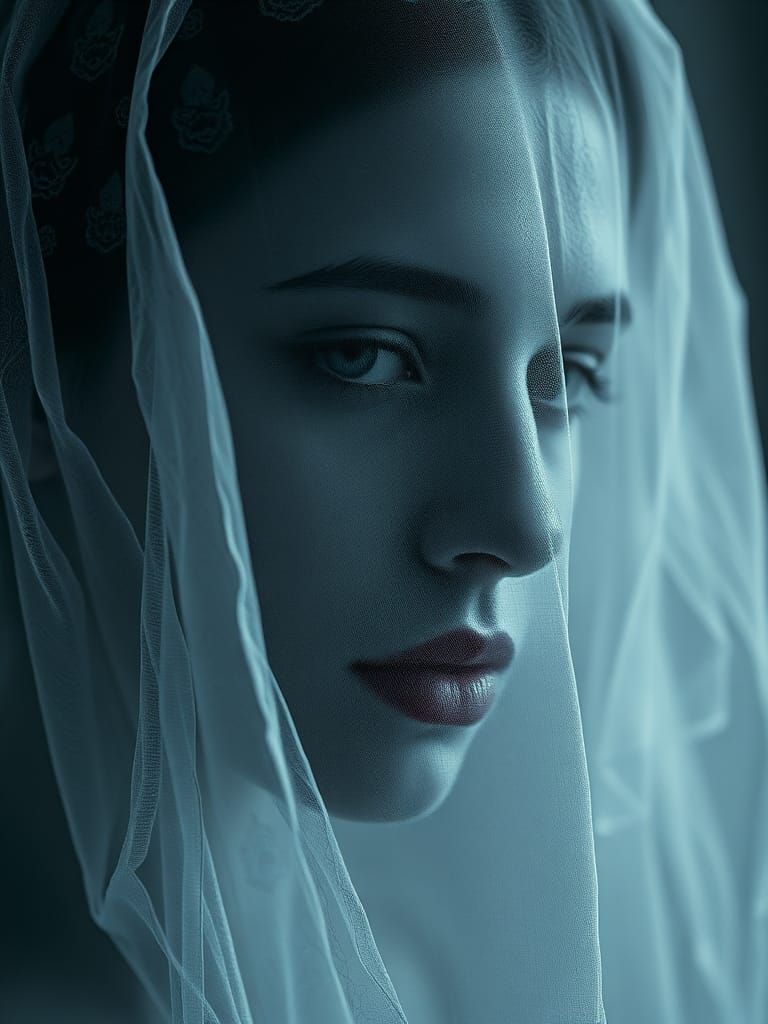 Ethereal Veiled Figure with Cyanotype Patterns