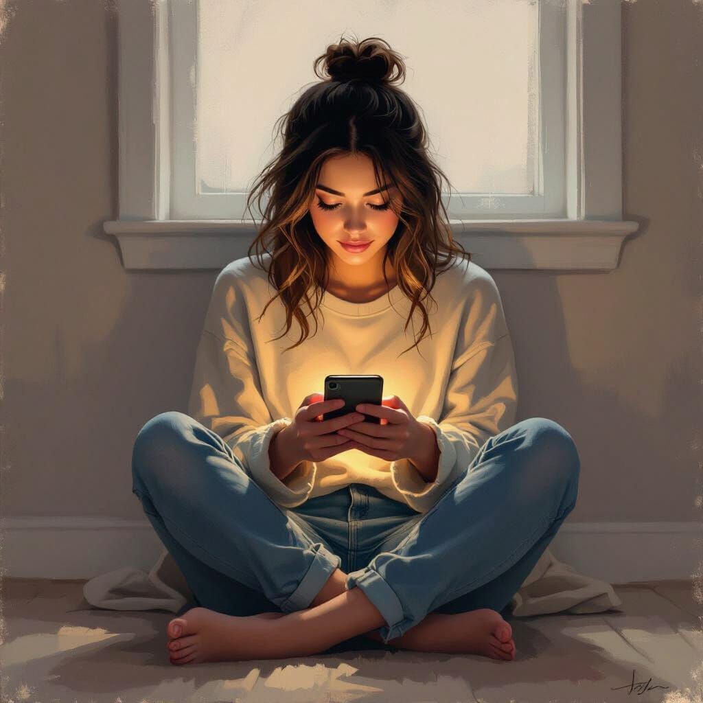 Woman Lit by Phone in Digital Painting Style