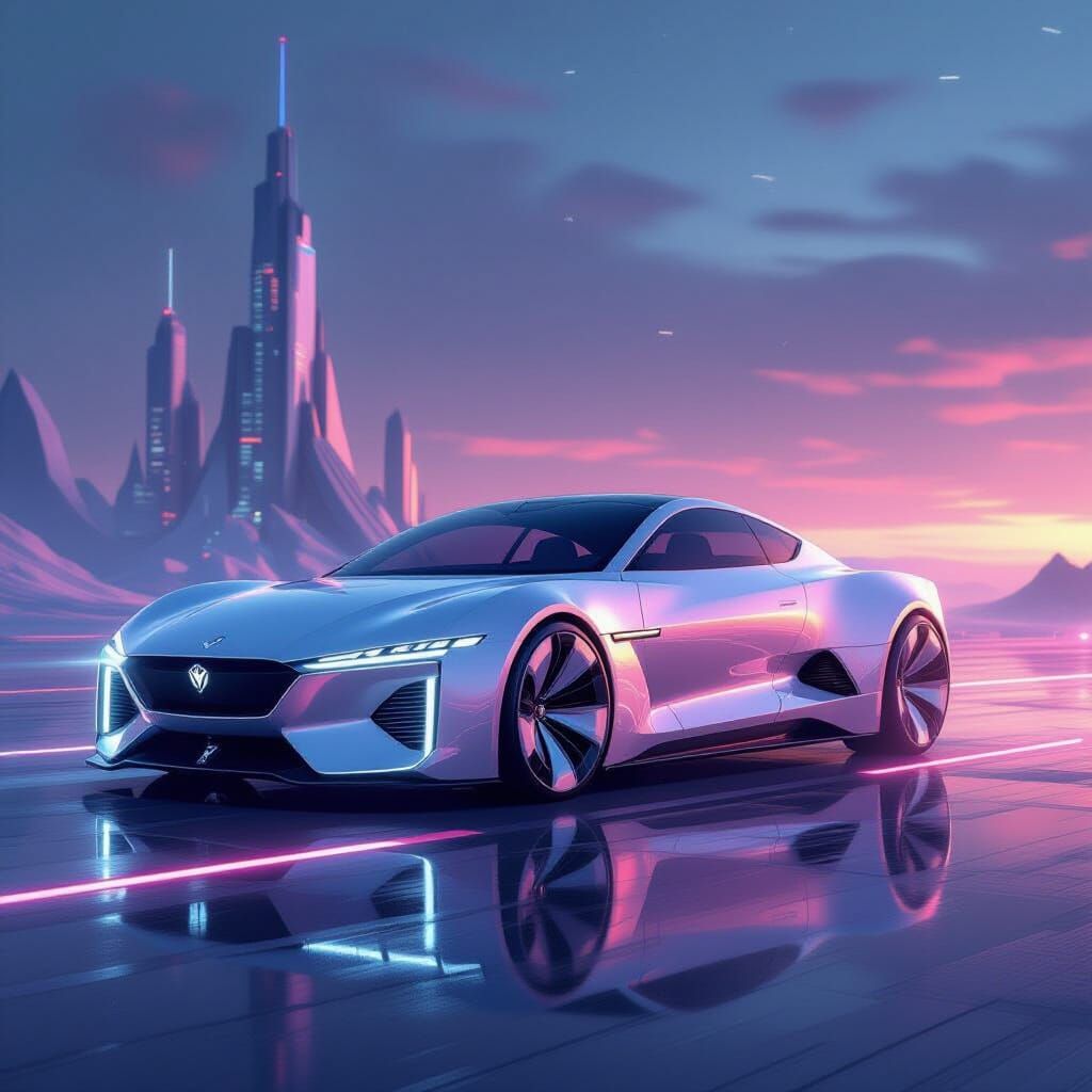 Futuristic Car in Dreamlike Tech Landscape