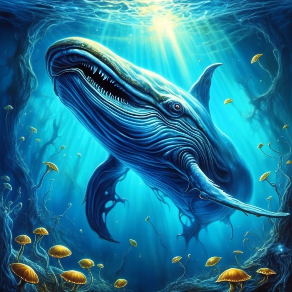 Surreal Blue Whale in Fantasy Alcohol Ink Style