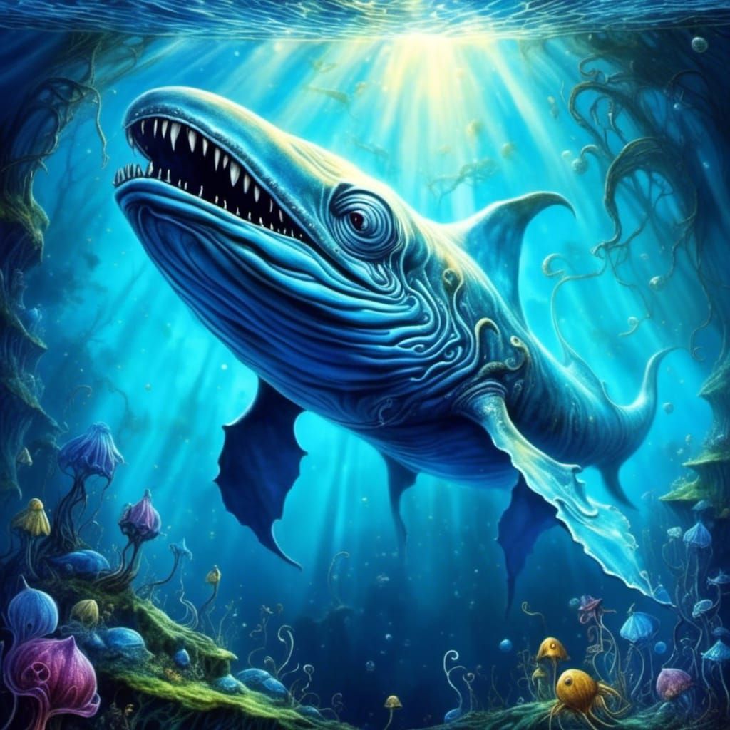 Surreal Blue Whale in Ethereal Fantasy Landscape