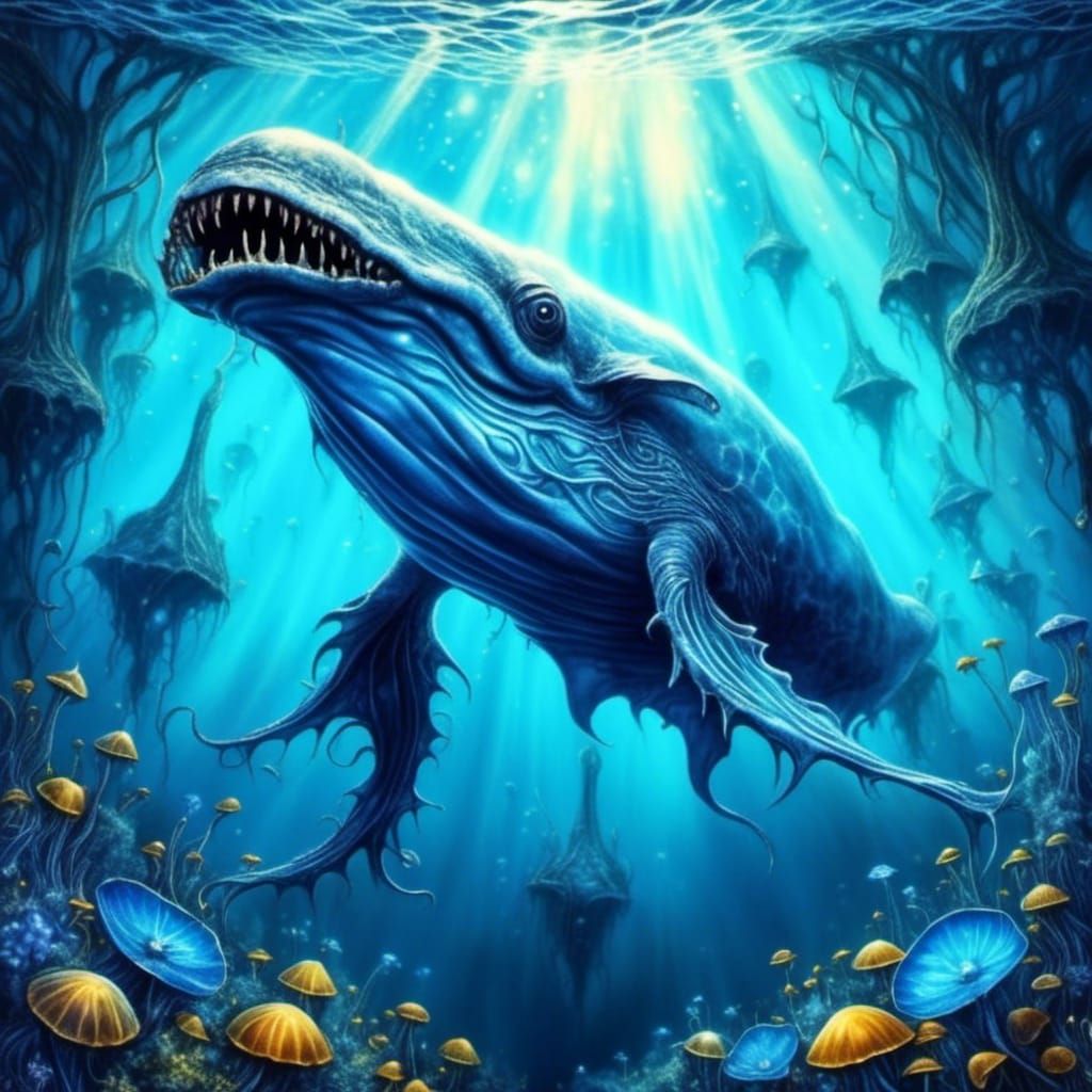 Surreal Blue Whale in Ethereal Fantasy Ocean