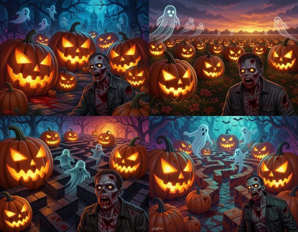 Scary Pumpkin Labyrinth with Ghosts and Zombie