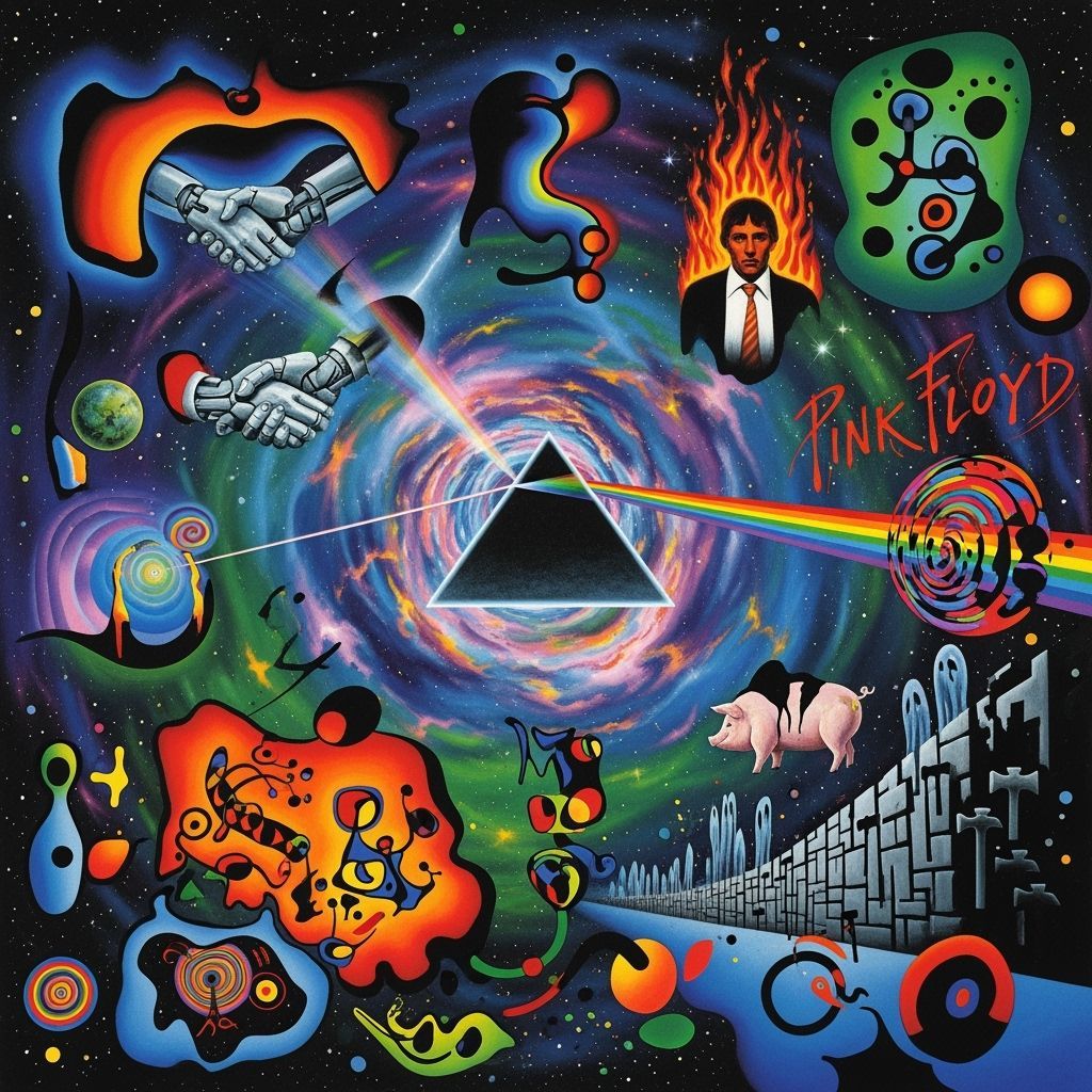 Psychedelic Cosmic Landscape Inspired by Pink Floyd and Miró