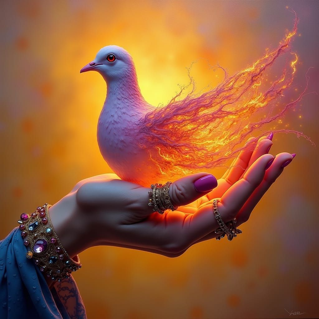 Majestic Hand Cradles Magenta Dove of Fire
