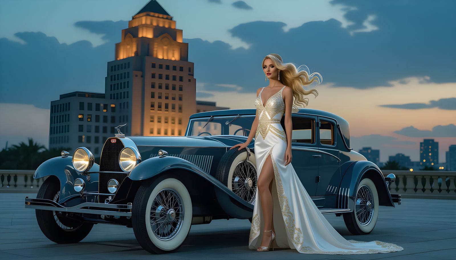 1920s Bugatti and Elegant Woman in Art Deco Setting