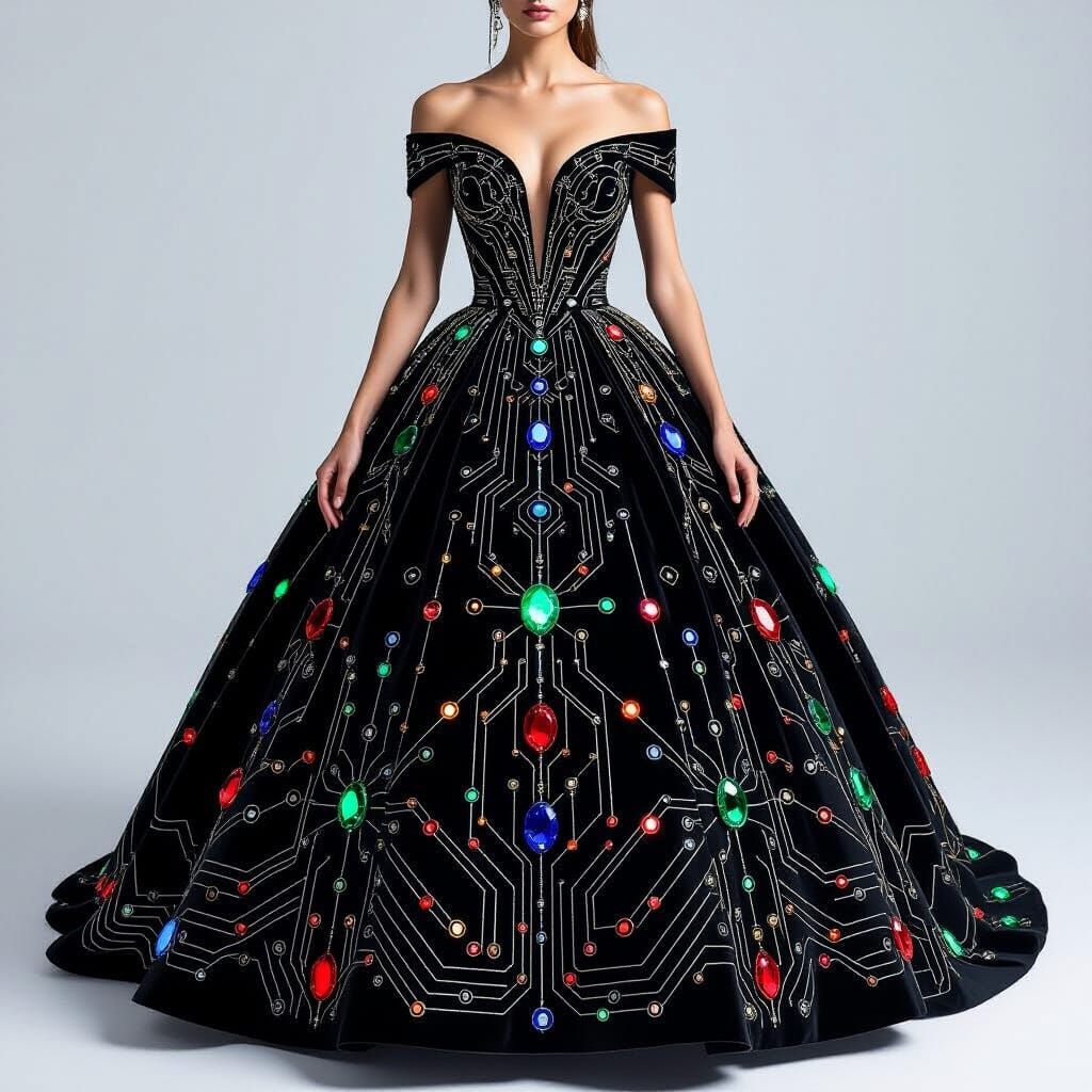 Black Velvet Ballgown with Glowing Circuit Patterns