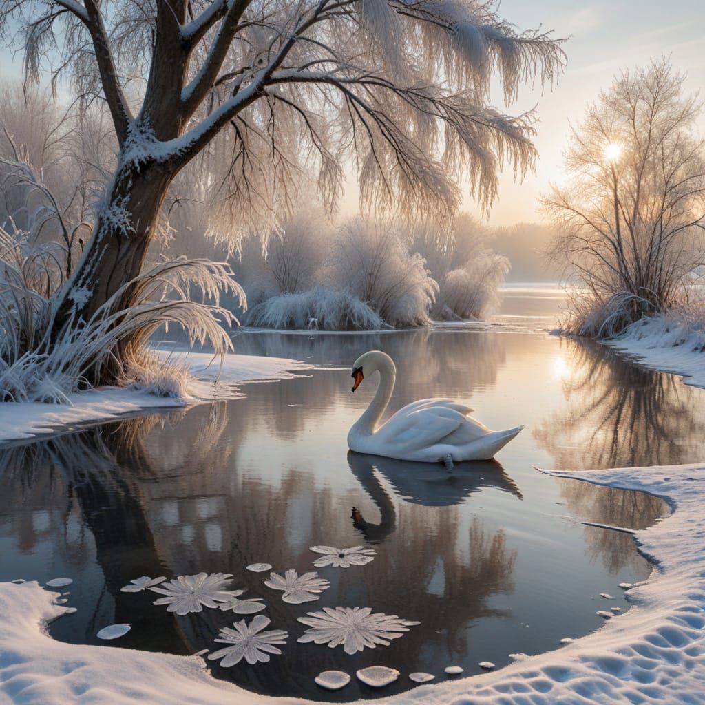 Graceful Swan on Winter's Frozen Lake