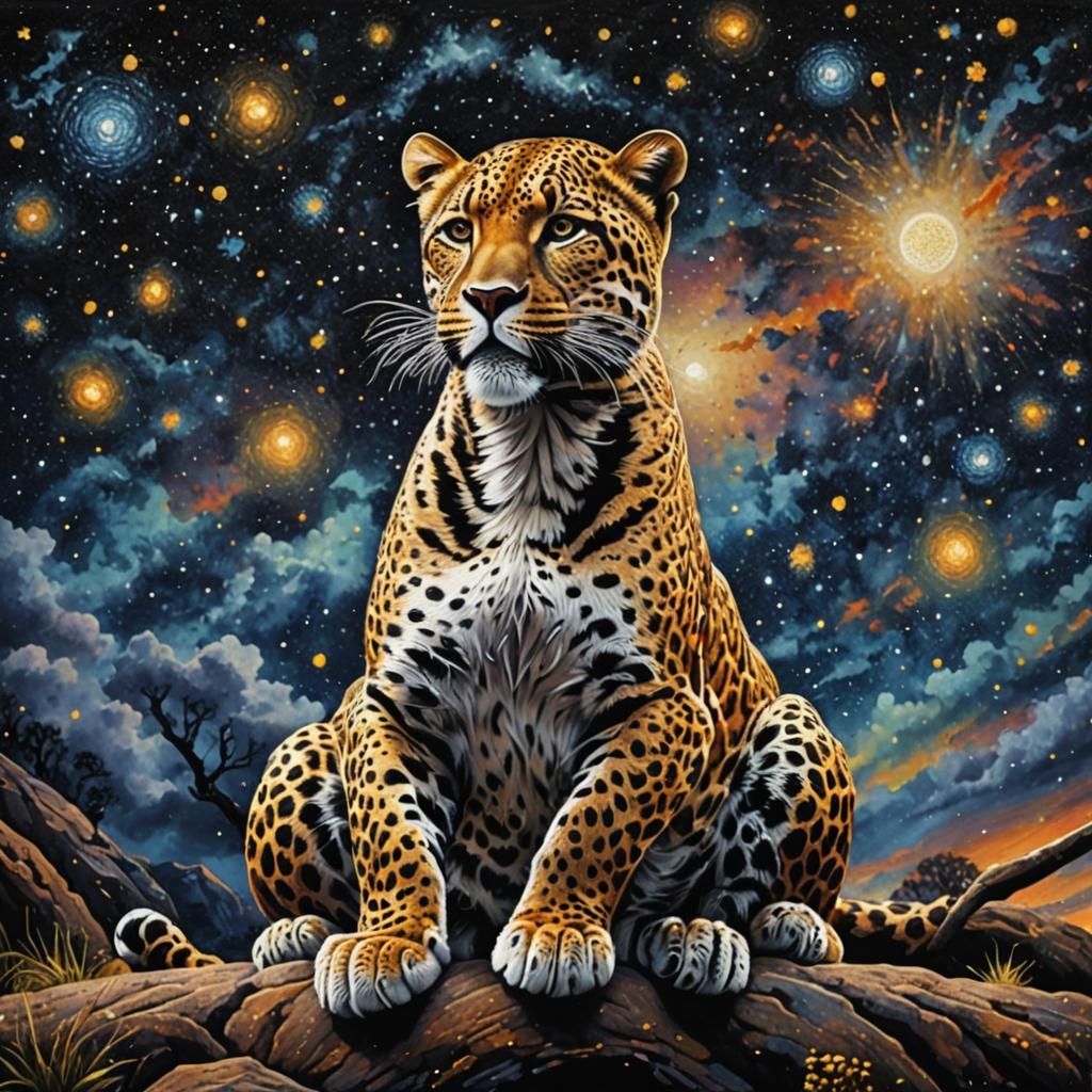 Leopard Under Night Sky in Pointillism Style