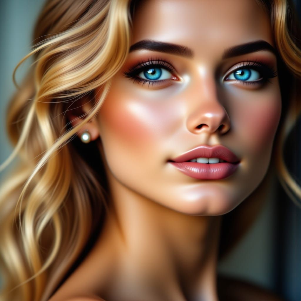 Elegant Blonde Woman with Blue Eyes in High Contrast Lightin...