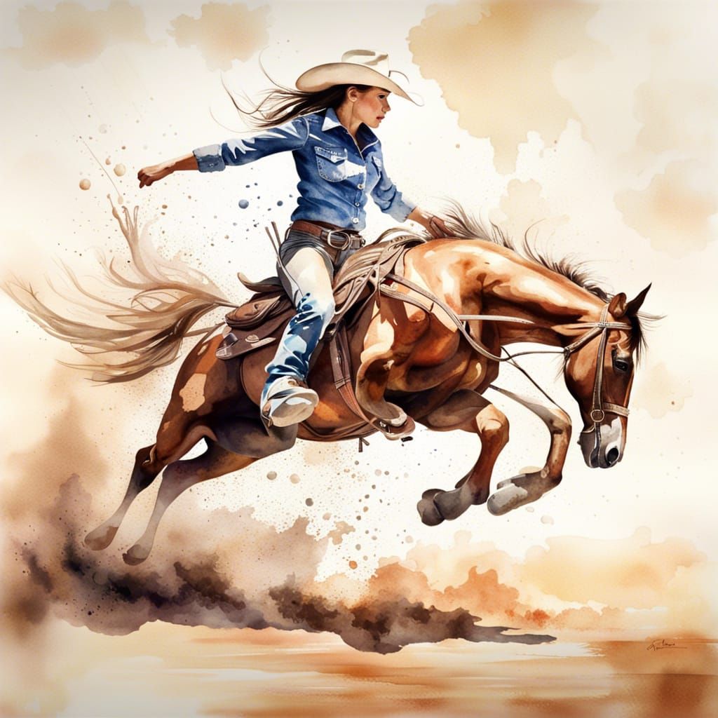 Rodeo Cowgirl on Bucking Bronco, Watercolor Splash Art
