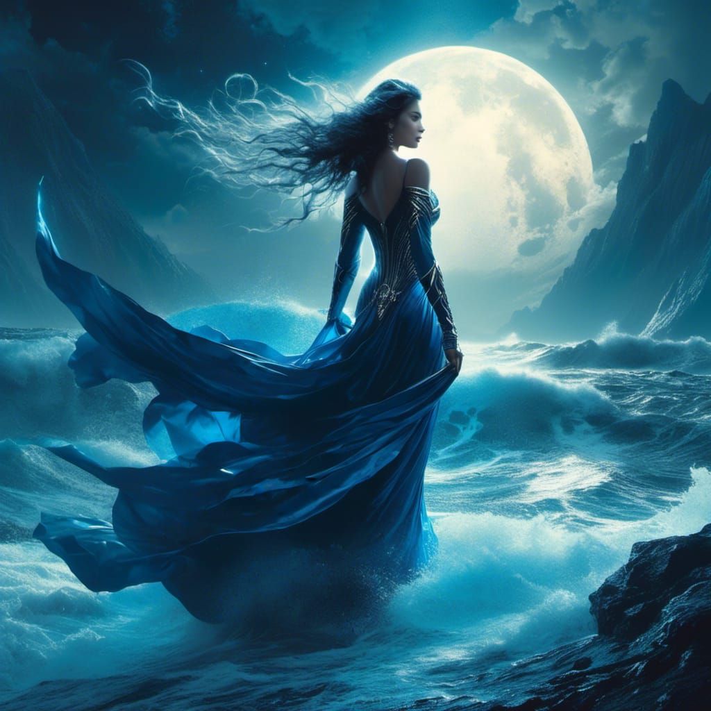 Blue Sorceress in Magical Starry Landscape