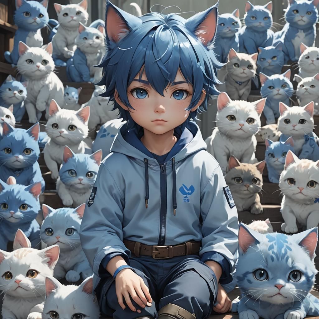Blue Neko Toddler in 3D Anime Style