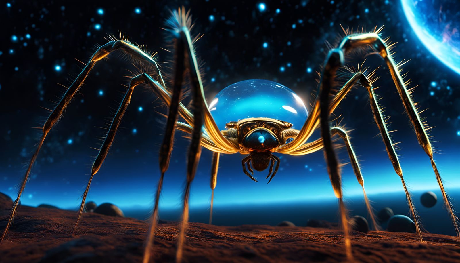 Bioluminescent Steel Spider Over Earth, Dark Fantasy Art
