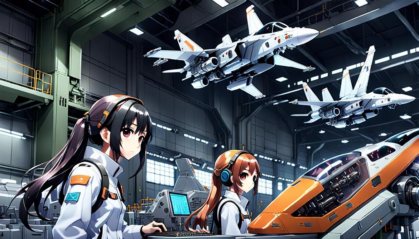 Futuristic Anime Engineers in Fighter Jet Factory