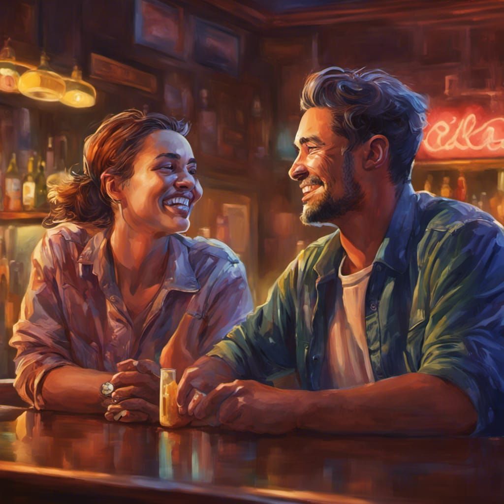 Hyperrealistic Bar Scene: Two People in Conversation
