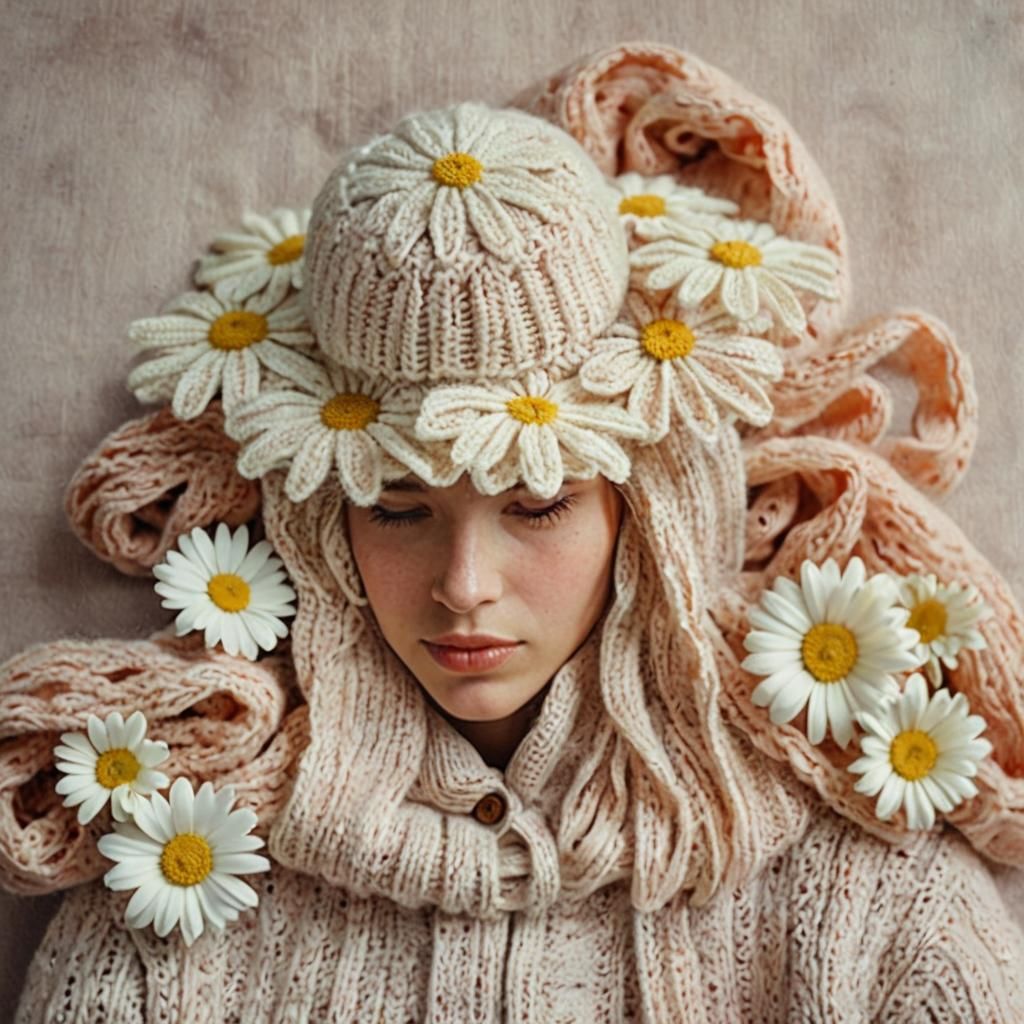 Knitted Hat with Daisies in Soft Pastel Still-life