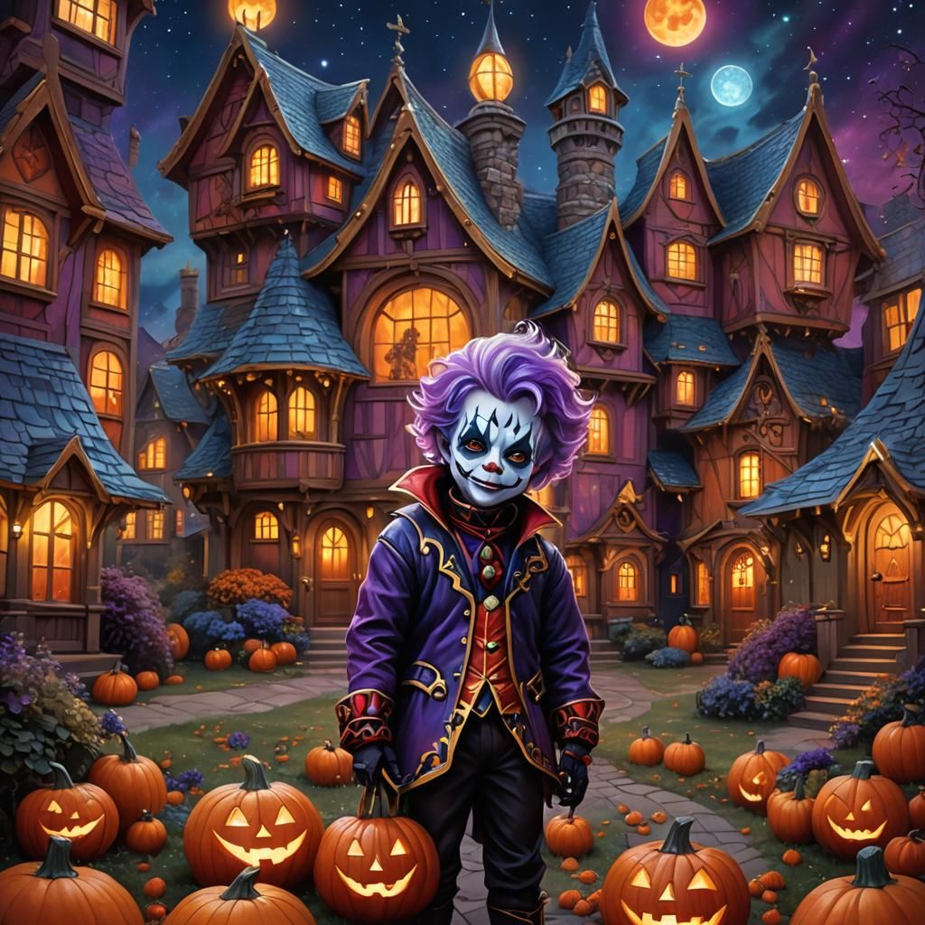 Chibi Harlequin in Jack-o-Lantern, Fantasy Concept Art