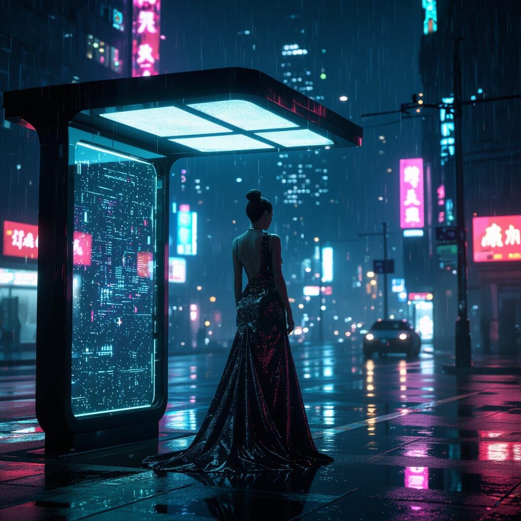 Futuristic Woman at Floating Bus Stop in Neon City