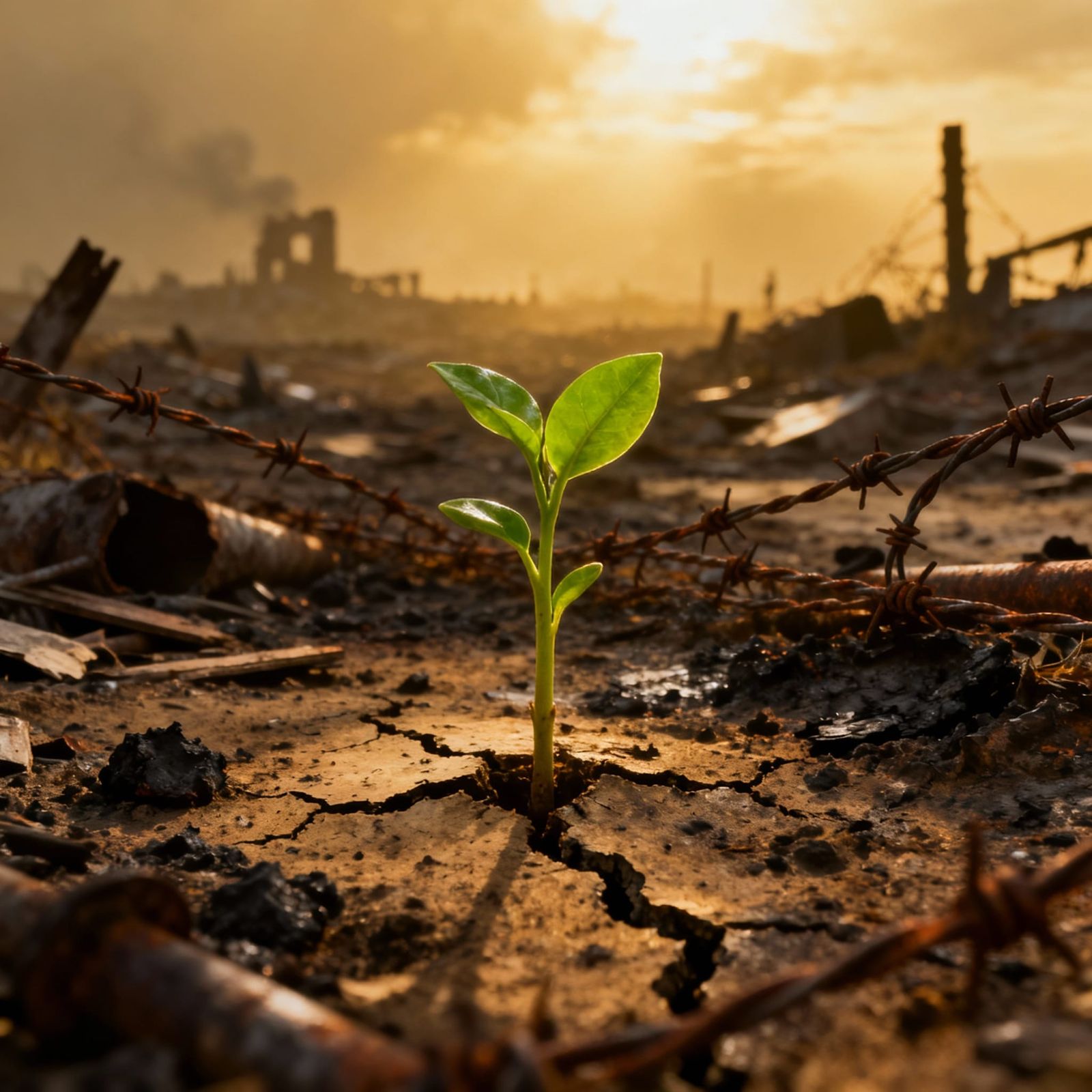 Hopeful Sprout on War-Torn Battlefield, Photorealistic Style