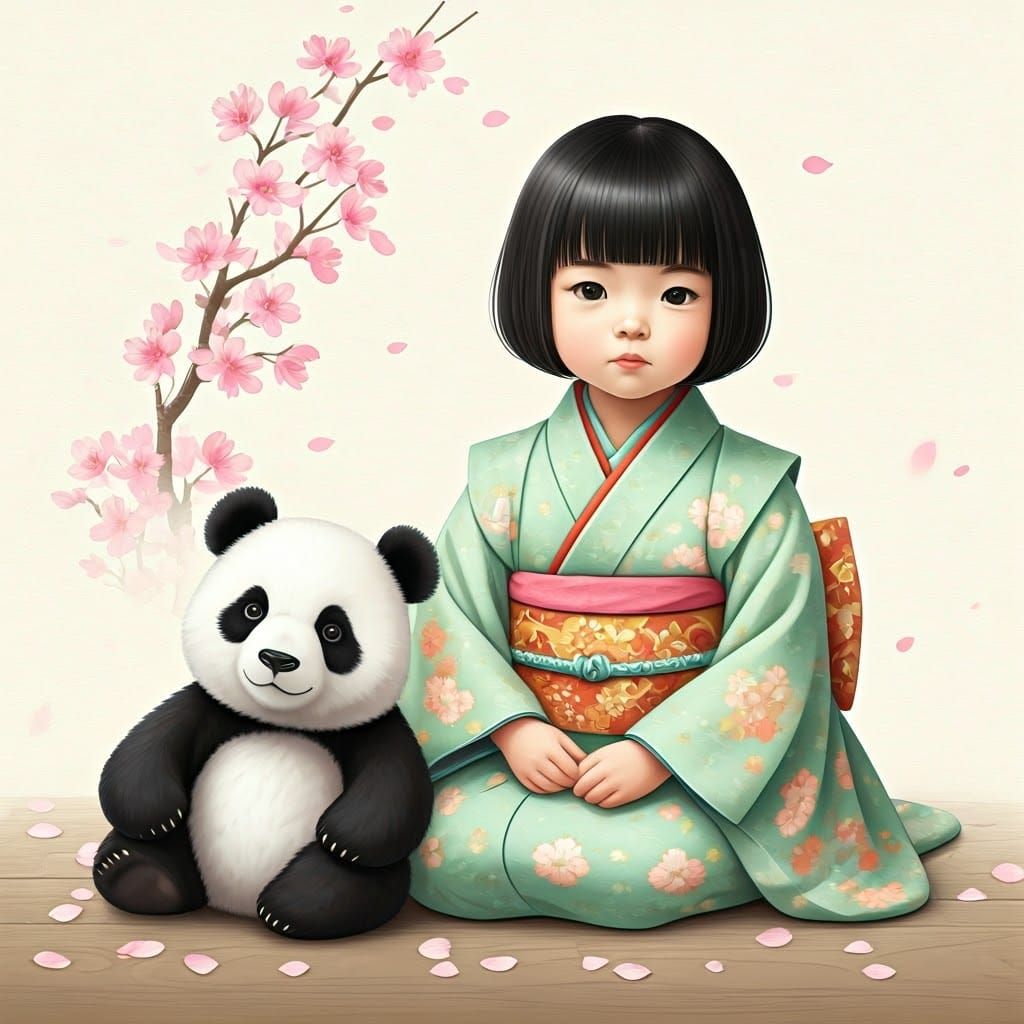 Toddler and Panda in Ukiyo-e Style