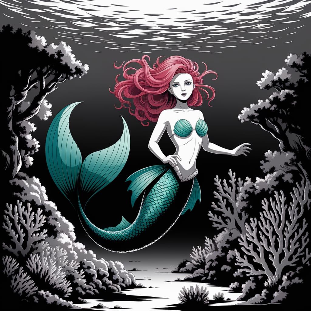 Grayscale Mermaid in Coral Reef, Anime Style