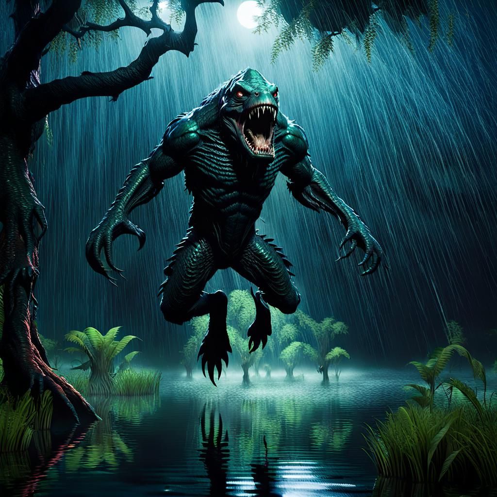 Giant Swamp Creature Leaping From Tree in Rain