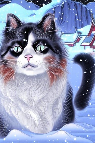 Winter Cat Empress in Ukiyo-e Style