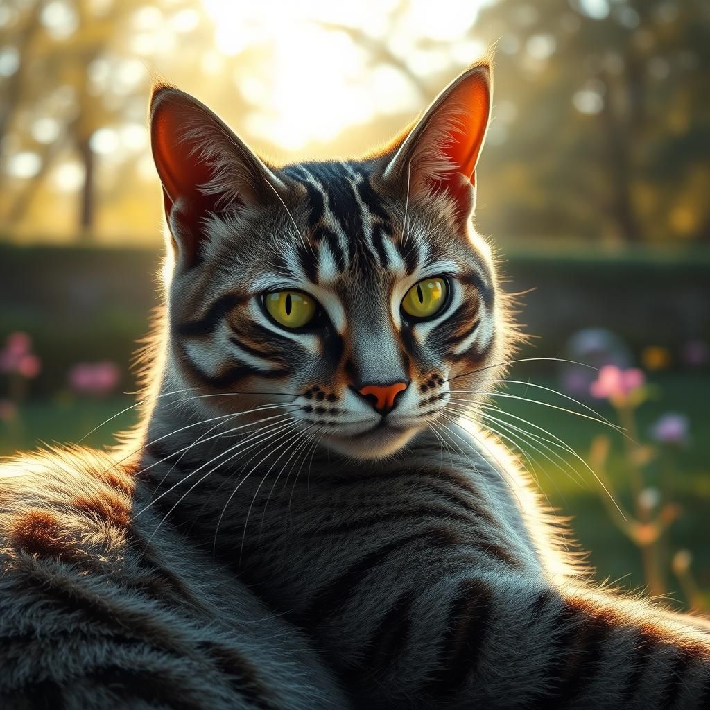 Tabby Cat Stretching in Sunlight, Impressionistic Style