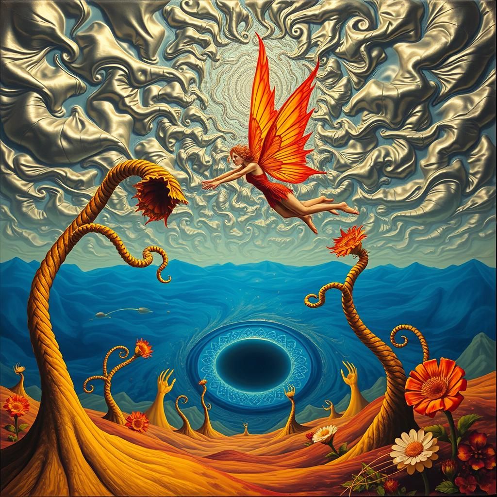 Surreal Landscape with Elastic Flora and Fire Fairy