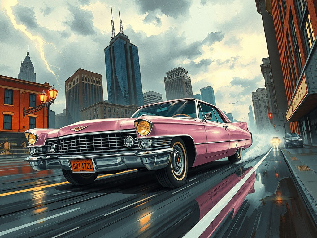 Pink Cadillac Eldorado in Comic Book Style