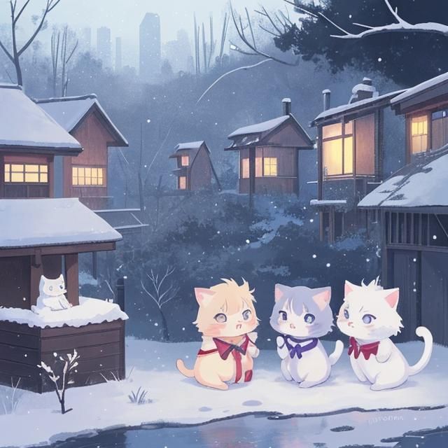 Cats Watching Snowfall in Anime Style