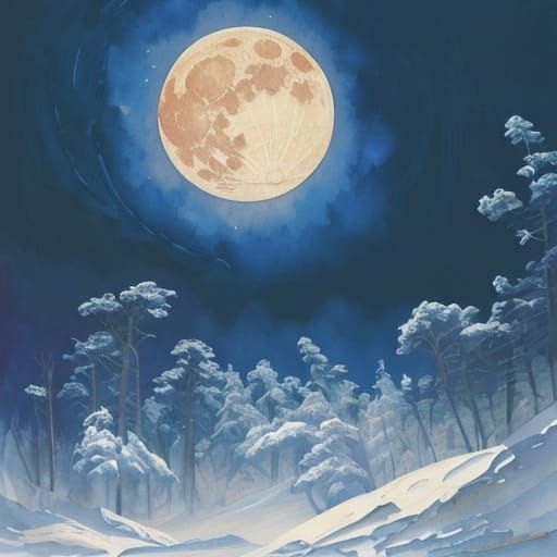 Impressionist Winter Moon Landscape in Gouache and Watercolo...