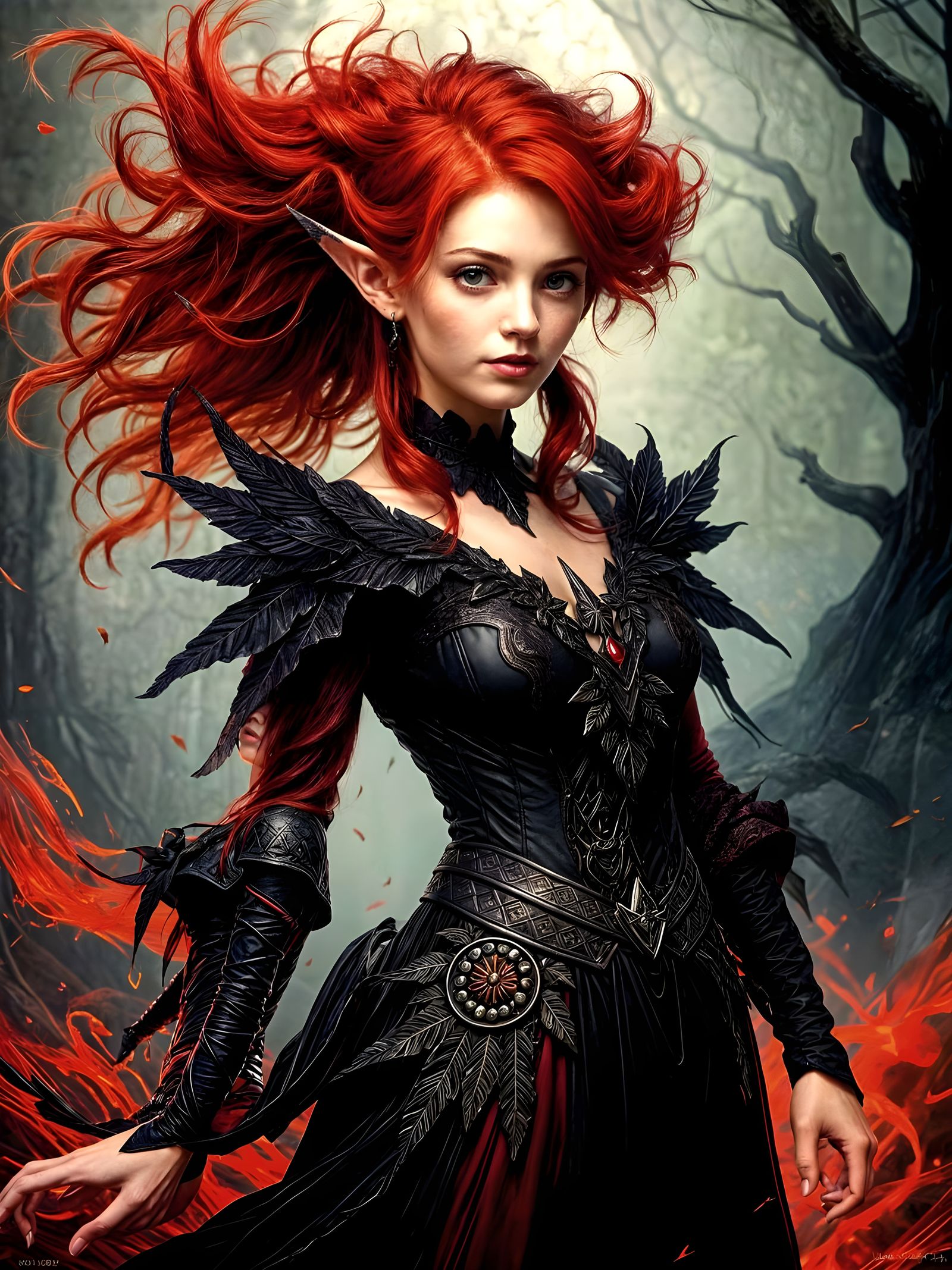 Red-Haired Fey Woman in Moonlit Woods