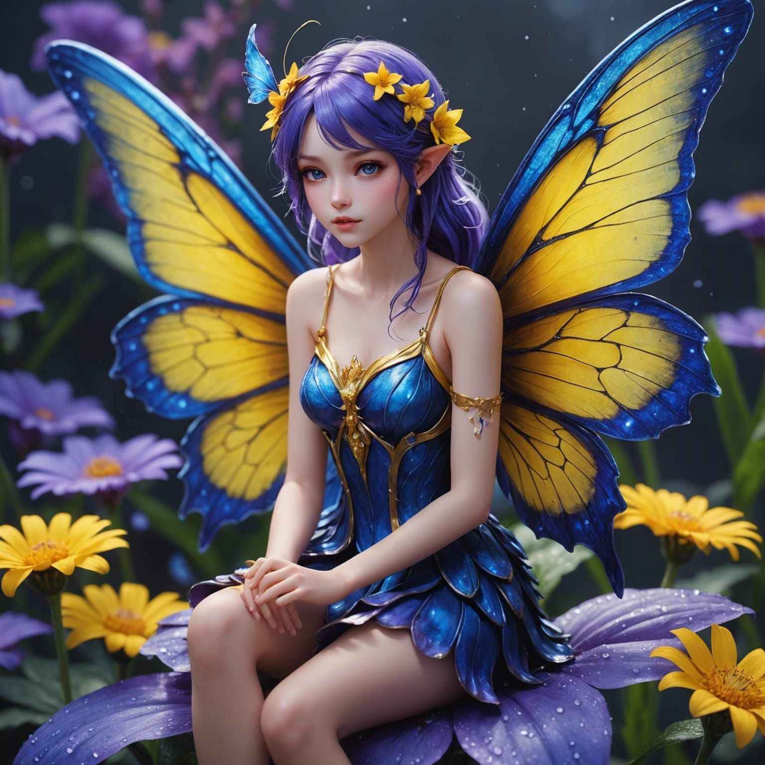 Blue and Yellow Fairy on Purple Flower in 3D Anime Art