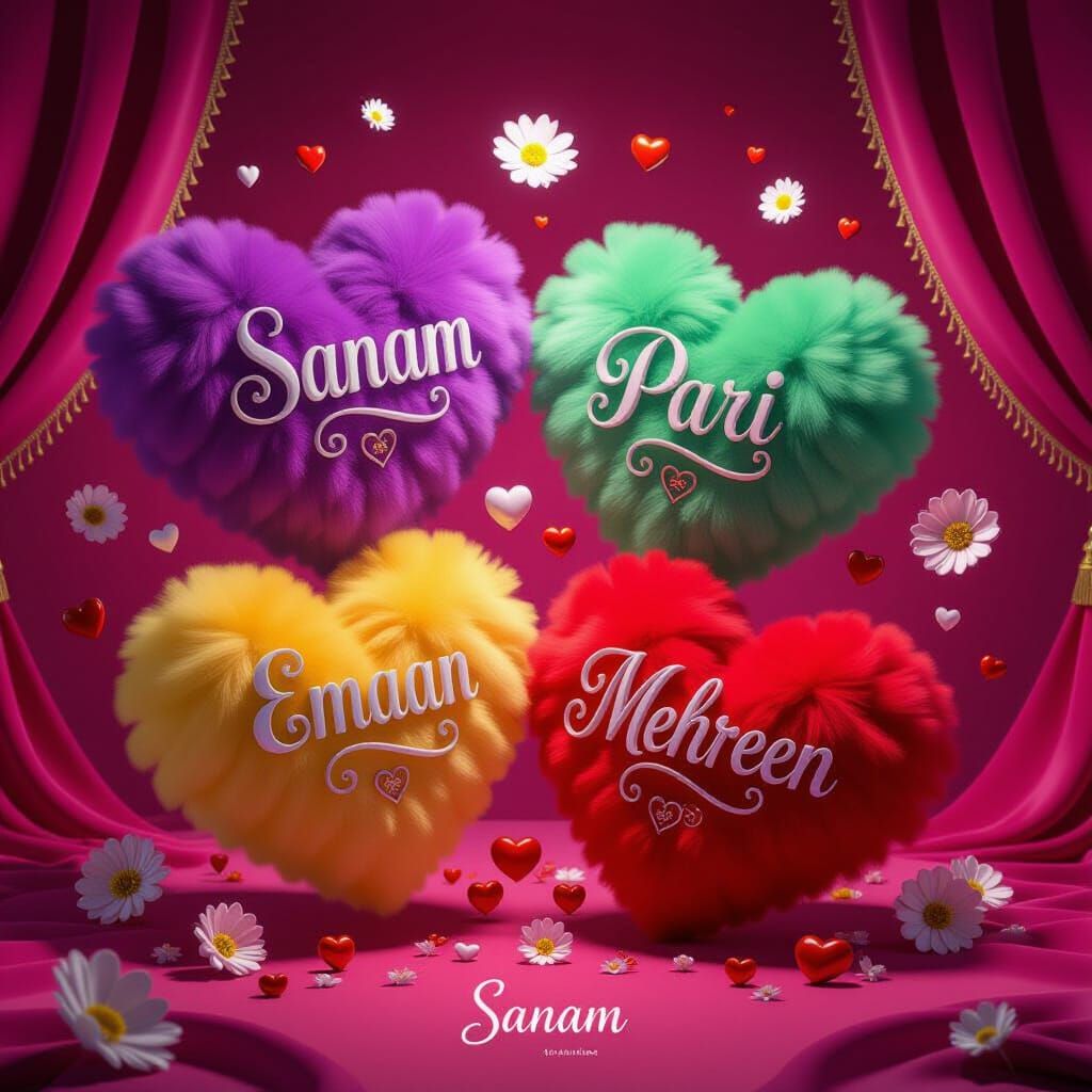 Fluffy Heart Objects in Vibrant Colors with Names