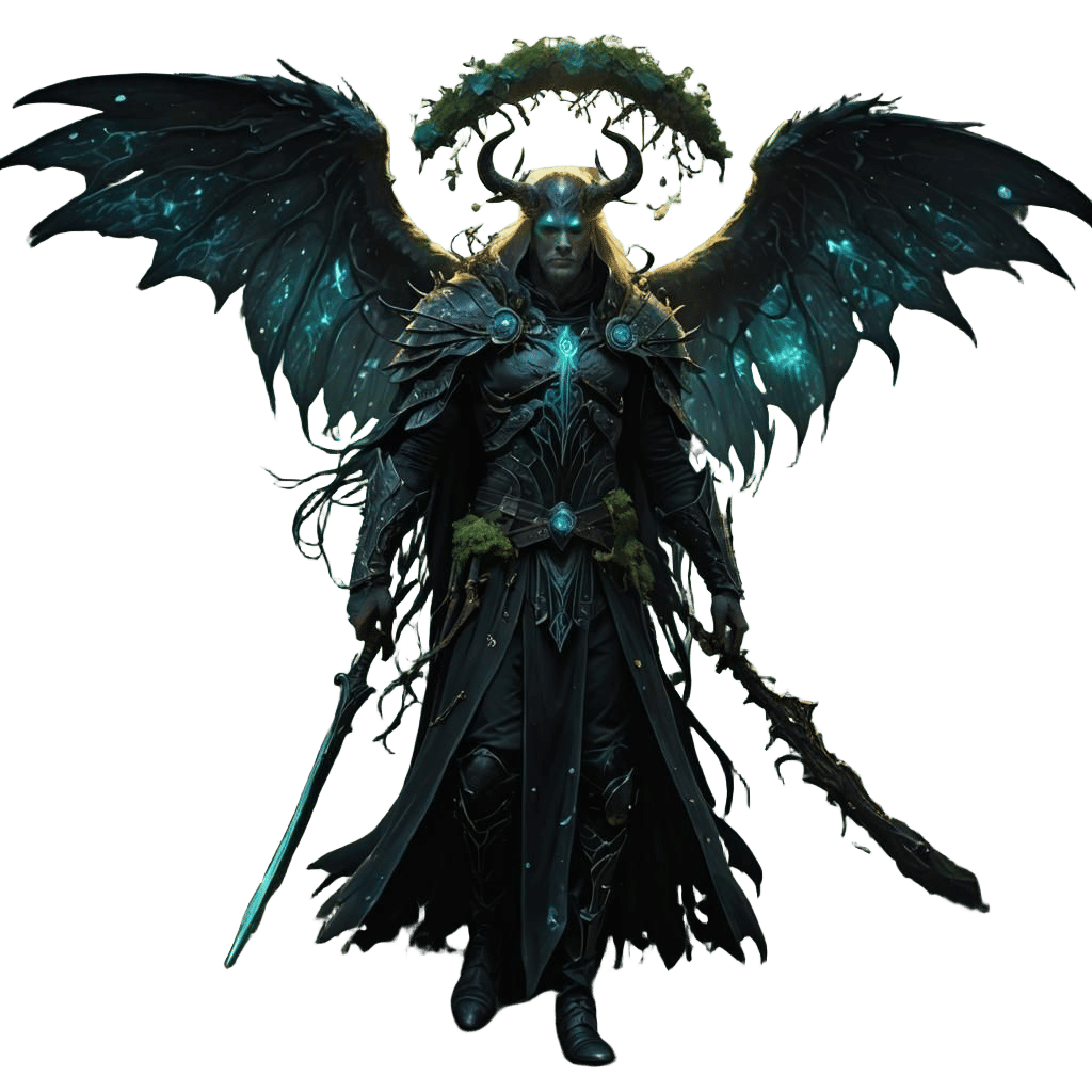 Fallen Aasimar Druid in Bioluminescent Forest