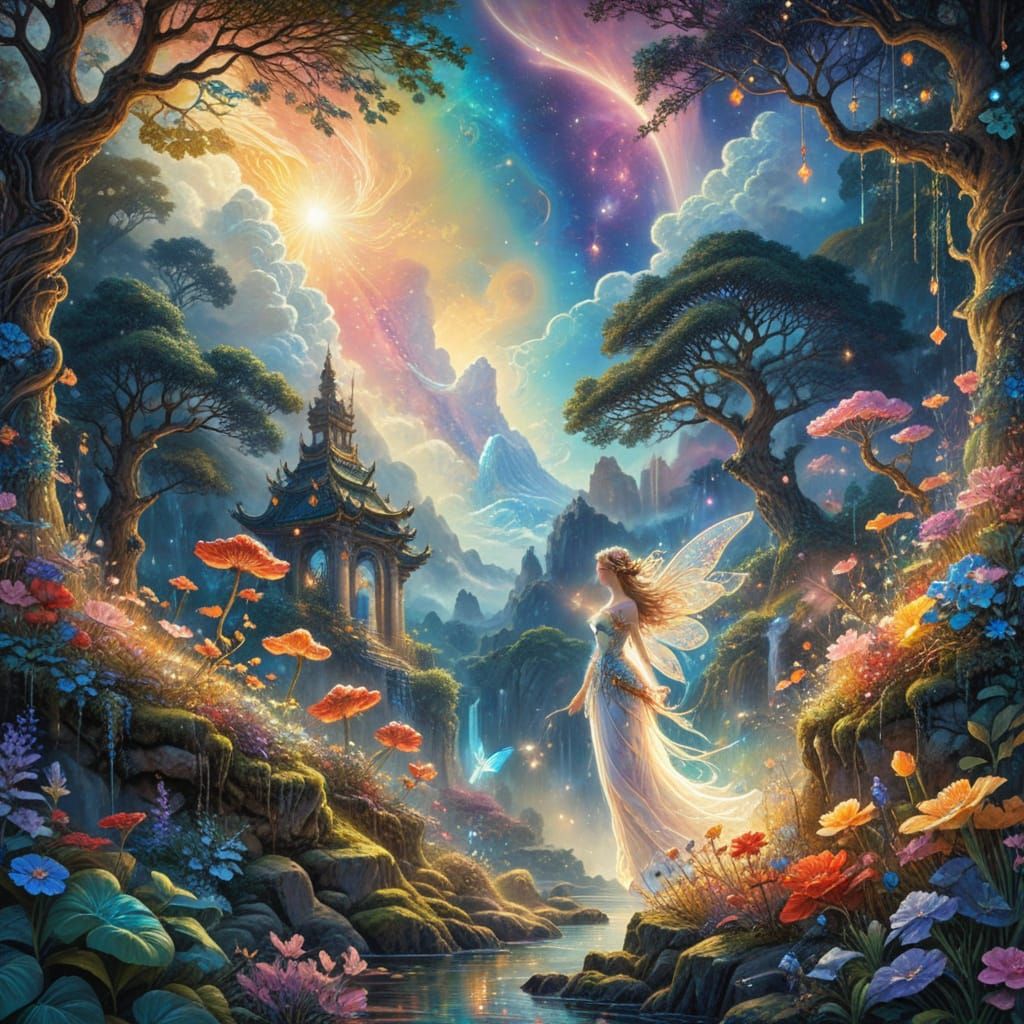 Enchanted Fairy Realm Oil Painting with Vaporwave Aesthetic
