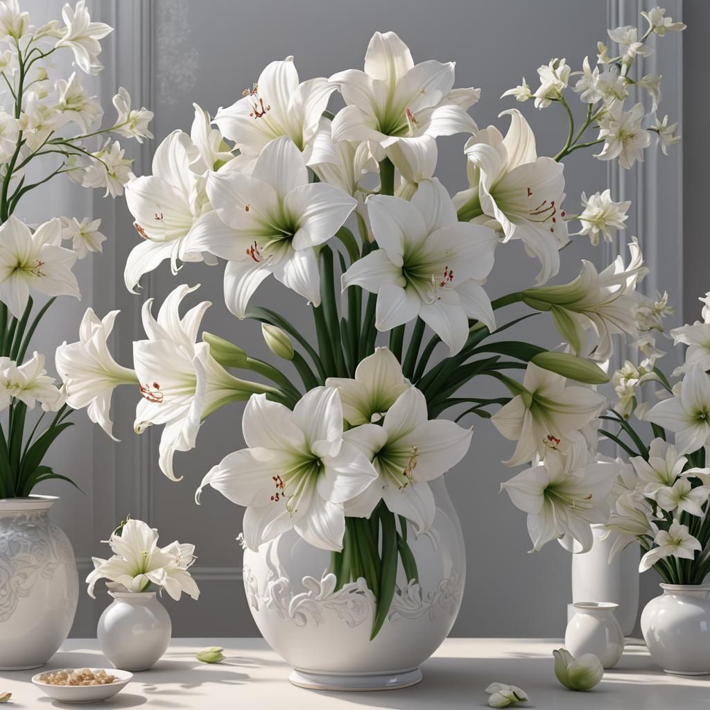White Amaryllis in Porcelain Vase: 3D Anime Art