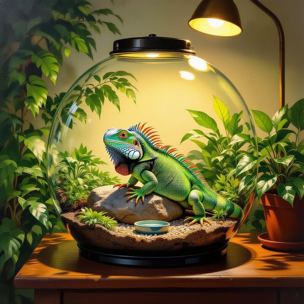 Green Iguana in Detailed Terrarium Oil Painting
