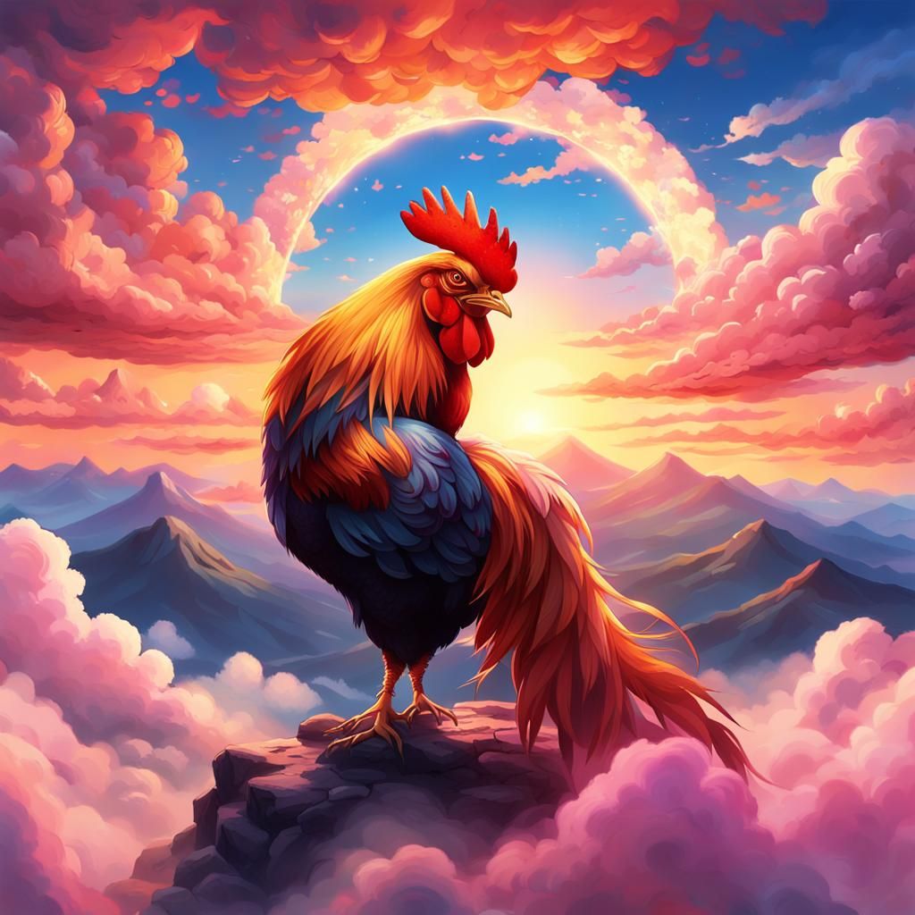 Meditating Rooster at Mountain Summit: Anime Concept Art