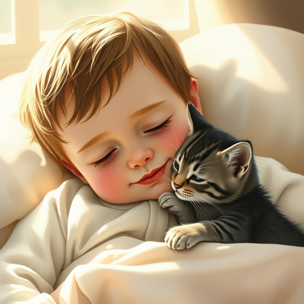 Child Awakened by Kitten, Watercolor Illustration Style