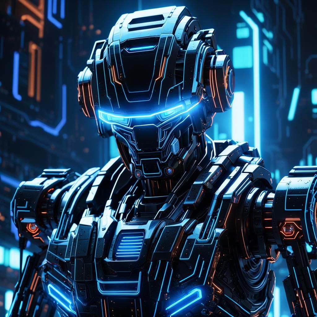 Cyberpunk Robot Holding Glowing Wire in Neon Cityscape