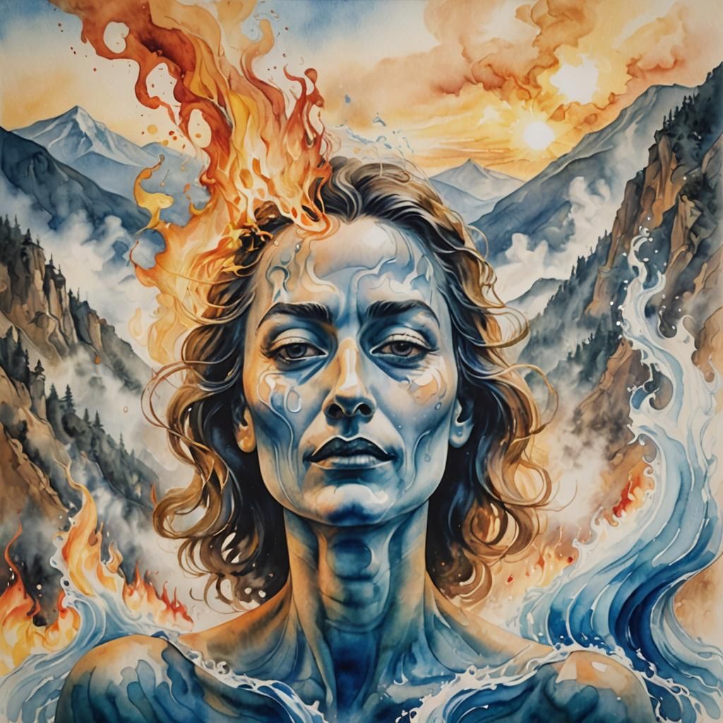 Surreal Watercolor Scene with Vibrant Colors and Majestic Mo...