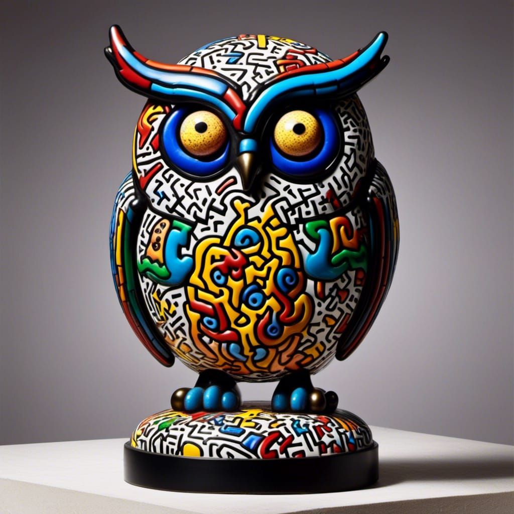 Haring-esque Owl Hatching in Snowglobe