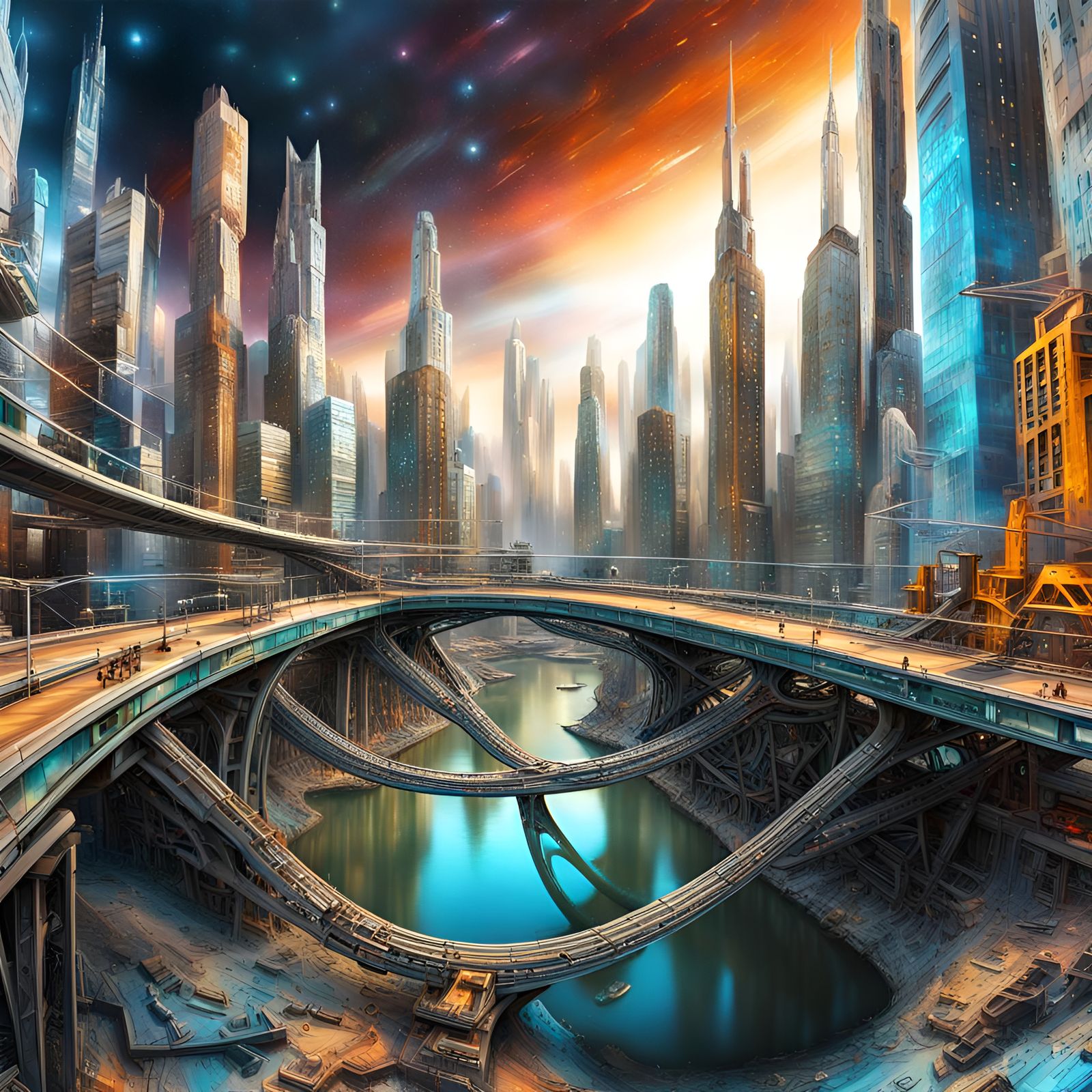 Futuristic Intergalactic Cityscape in Cosmic Graffiti Art