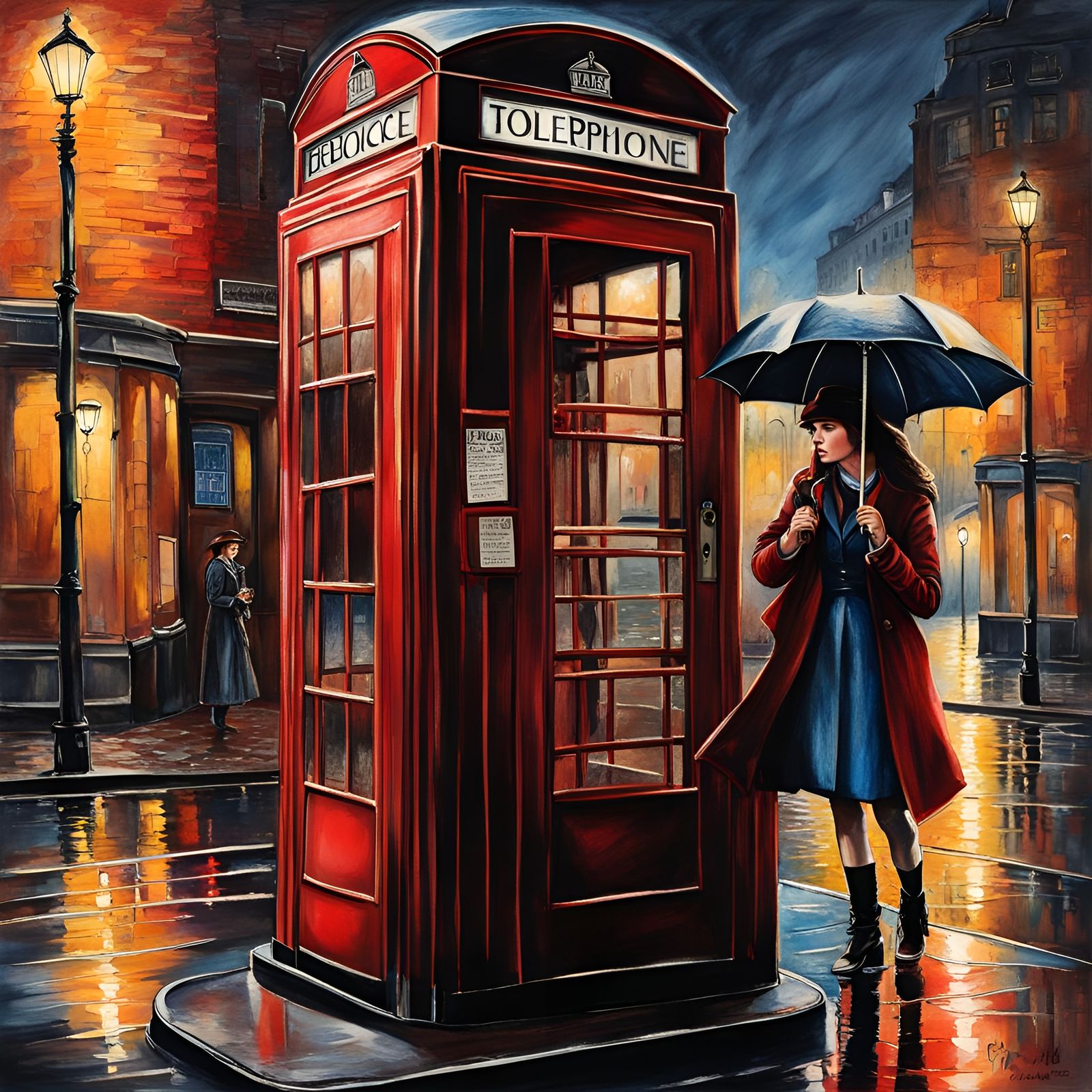 Girl with Umbrella near Phone Box in Waterhouse Style