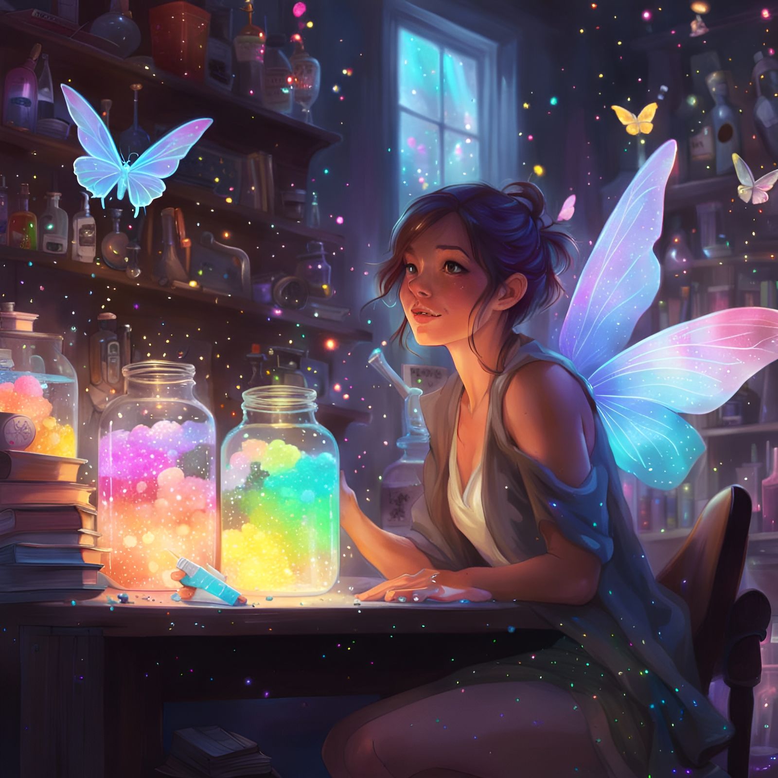 Detailed Fairy Workstation with Rainbow Potions